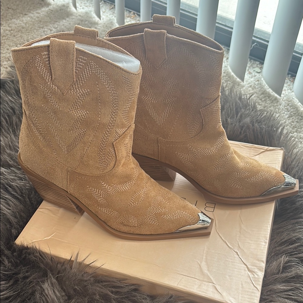 Tan Suede Western Ankle Boots
